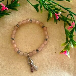 BreastCancer Awareness Pink Beaded Bracelet - Mirror Chrome Ribbon Charm